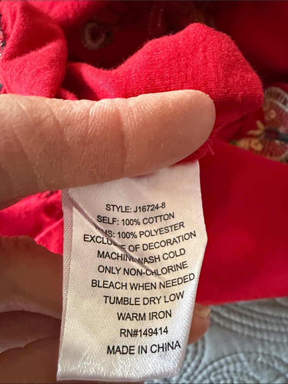 Johnny Was Red Tee with Multicolor Embroidery, size L - Picture 5 of 5
